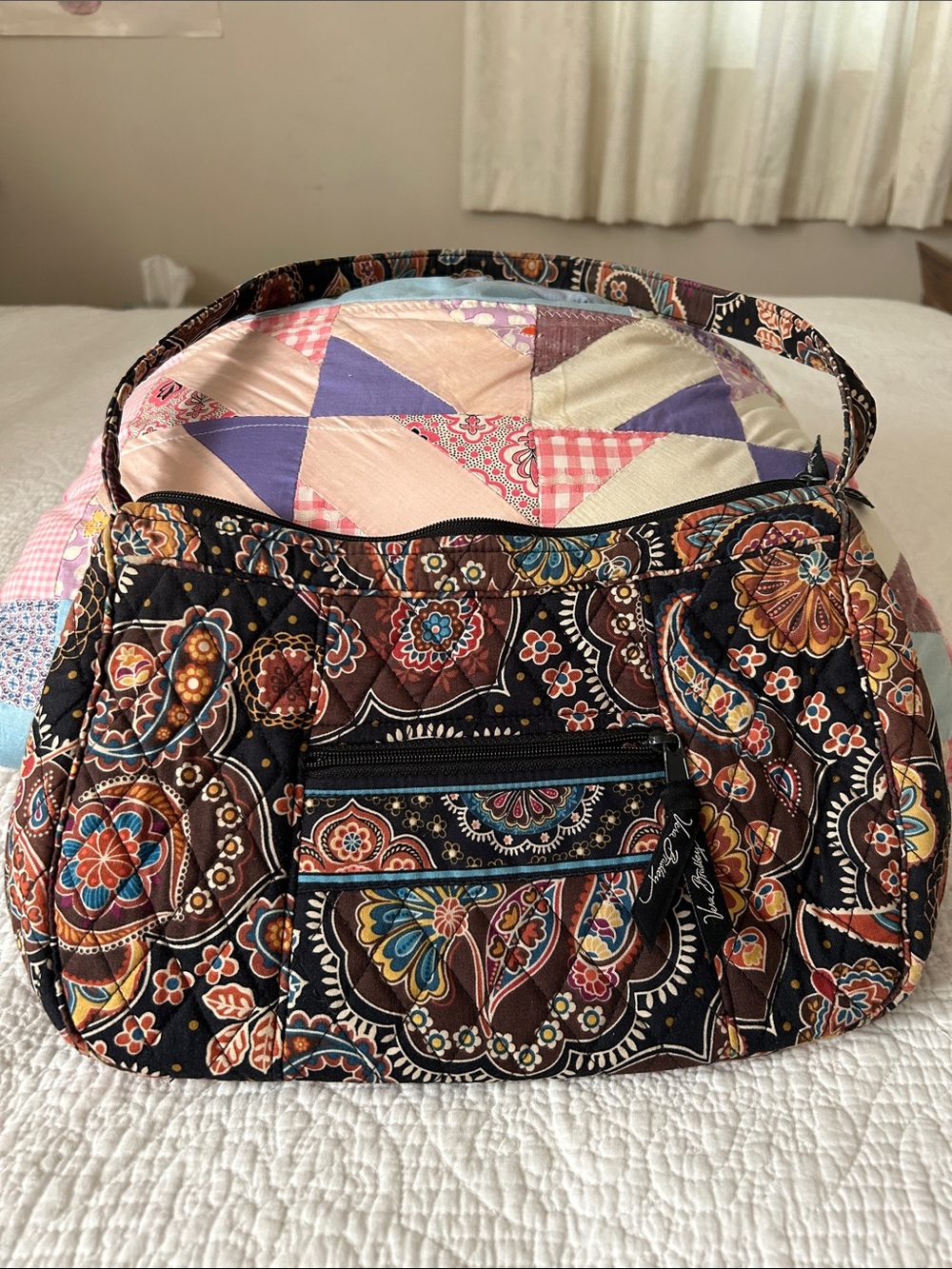 Vera Bradley quilted shoulder purse in browns, turquoise, yellow and black
